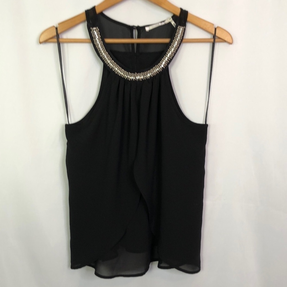 HAVE Woman Elegant Black Sheer Sleeveless Top with Embellished Neckline Size M